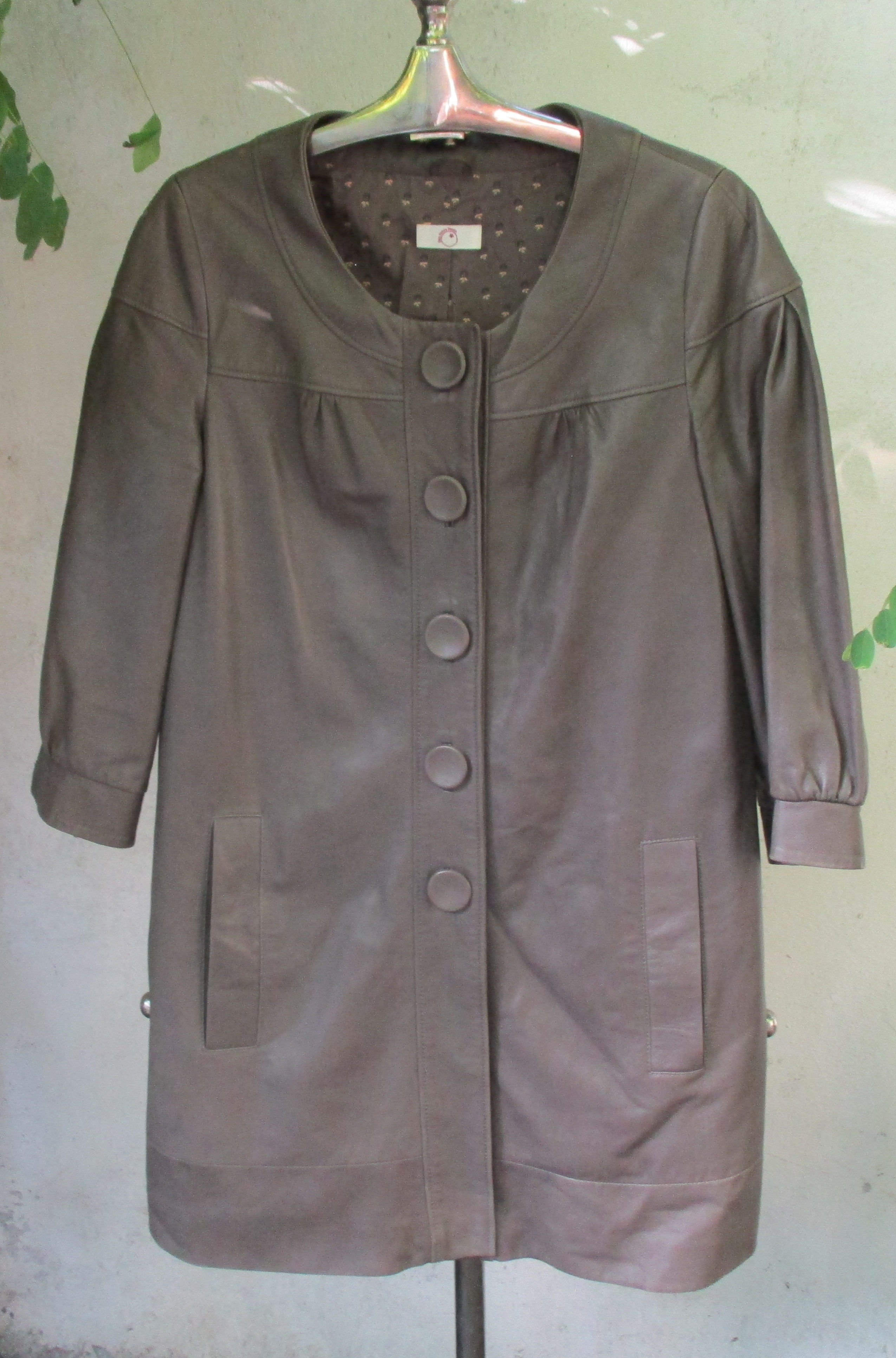 Leather coat in soft mushroom mauve coloured leather
